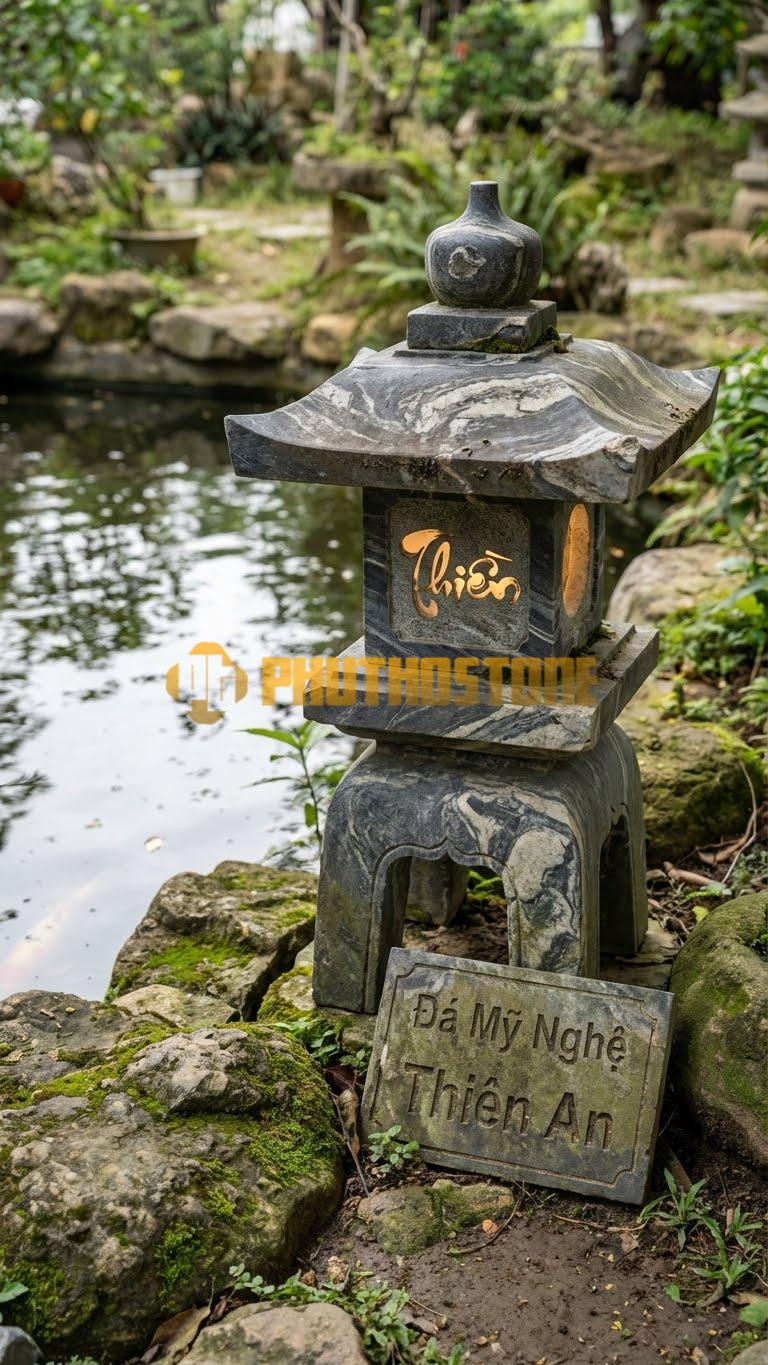 Đèn Đá Sa Thạch Cột Chỉ Đường Michishirube Vuông Vức, Khoét Hốc Đèn Nhỏ, Giống Cột Mốc Km Cao 80Cm