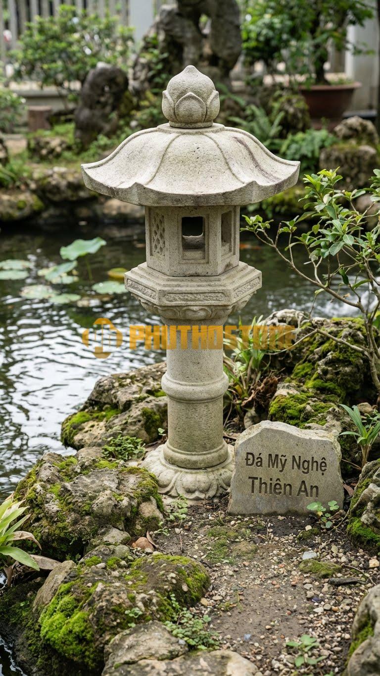Đèn Đá Sa Thạch Đài Đăng Kasuga Cột Cao, Mái Lục Giác Cong Vút 6 Góc, Đỉnh Búp Sen, Thân Chạm Đai Lưng Cao 1M2
