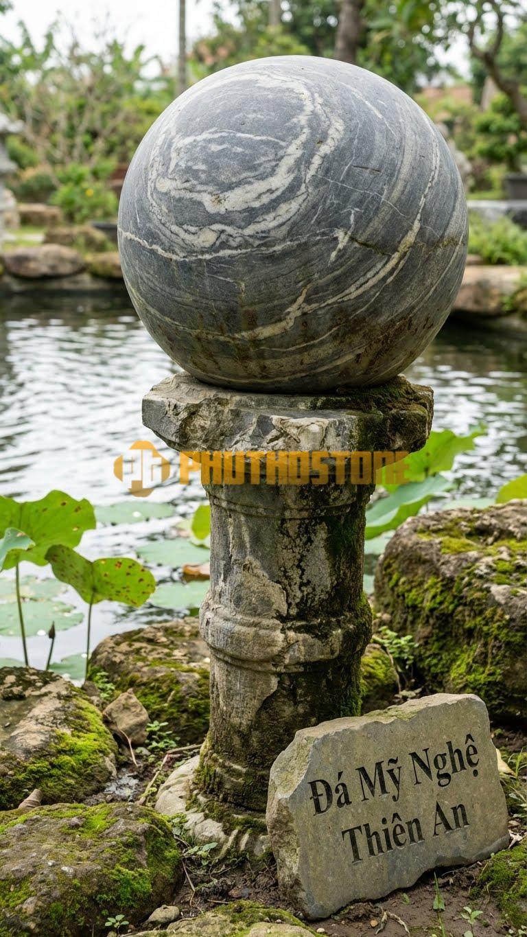 Đèn Đá Sa Thạch Nửa Quả Cầu (Bán Cầu) Úp Xuống Đất, Ánh Sáng Viền Quanh Chân (Halo) D35Cm
