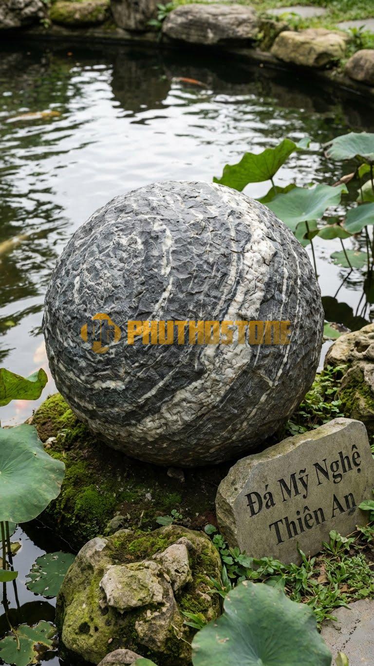 Đèn Đá Sa Thạch Quả Cầumàu Đen Tuyền Hoặc Trắng Vân Mây, Mịn Màng Như Ngọc D25Cm