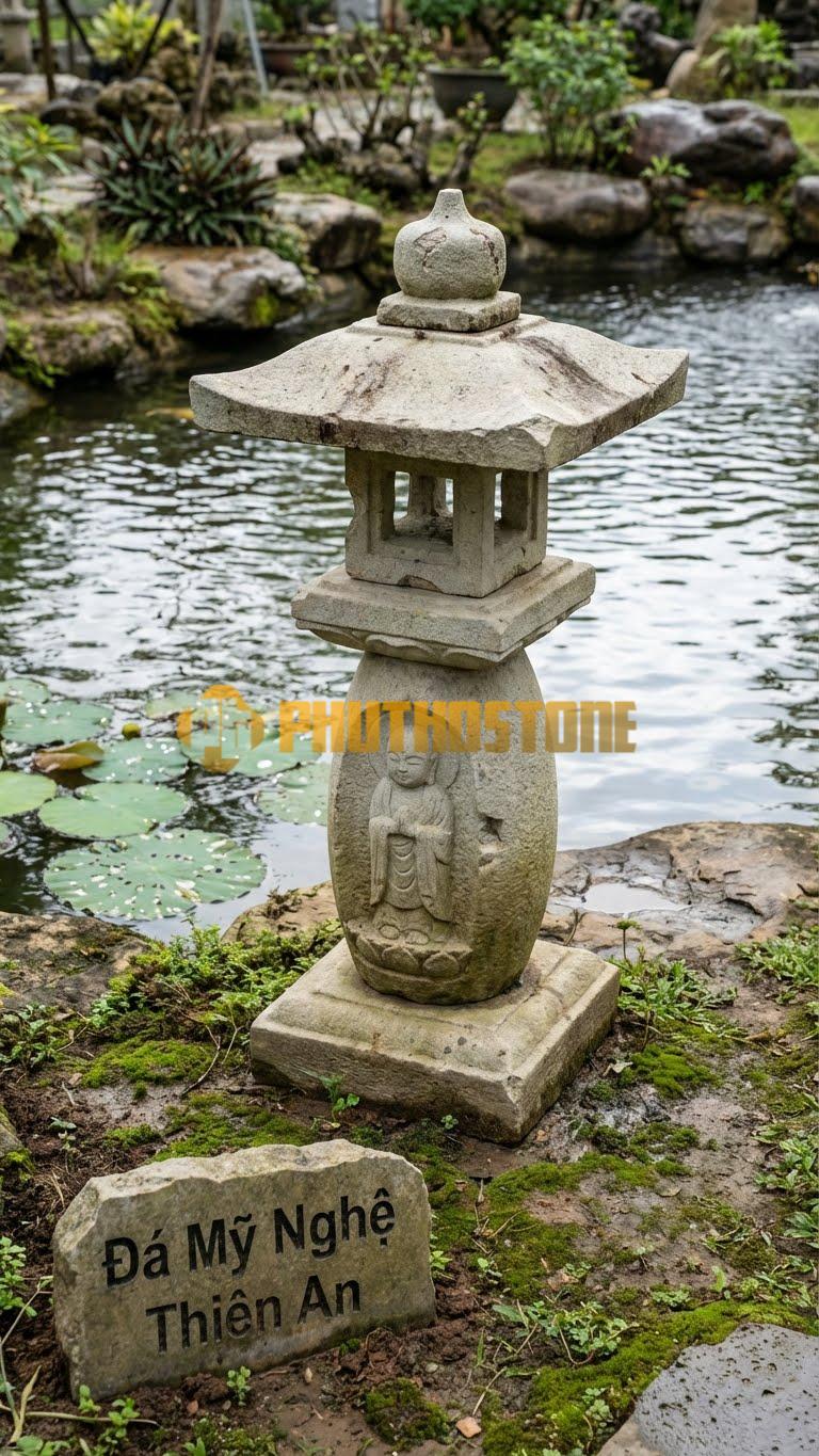 Đèn Đá Sa Thạch Trụ Oribe Chân Vuông Phình To Chạm Phù Điêu Phật (Jizo), Không Đế Dưới Cùng Cao 1M