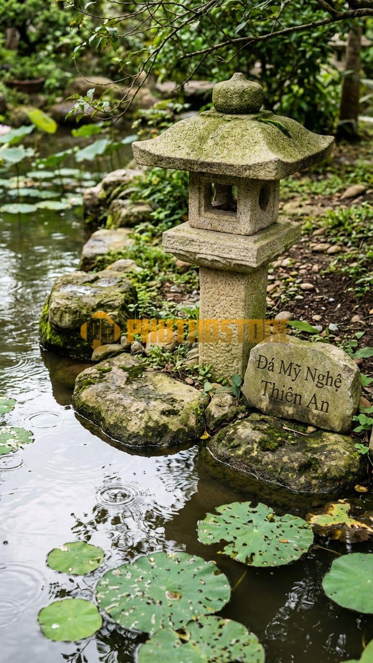 Đèn Đá Serpentine Cột Chỉ Đường Michishirube Vuông Vức, Khoét Hốc Đèn Nhỏ, Giống Cột Mốc Km Cao 80Cm