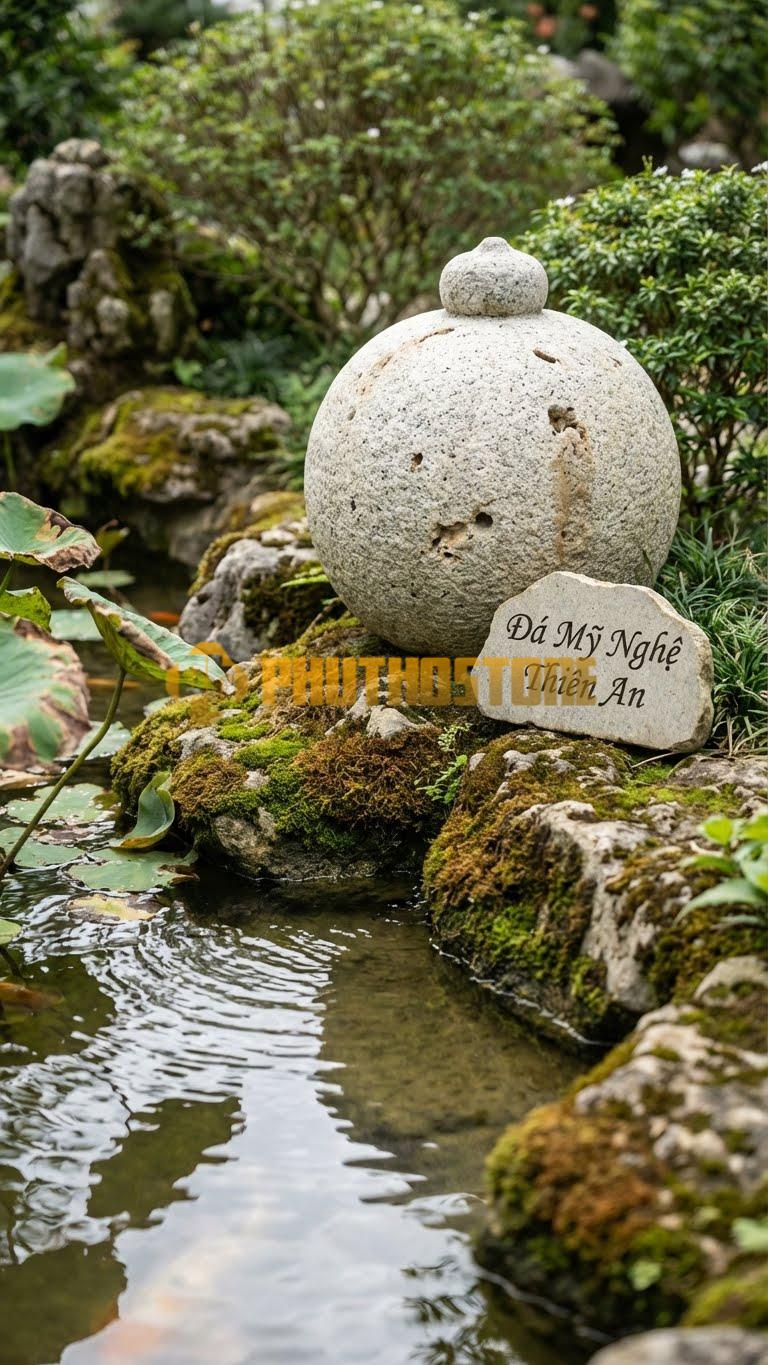 Đèn Đá Serpentine Nửa Quả Cầu (Bán Cầu) Úp Xuống Đất, Ánh Sáng Viền Quanh Chân (Halo) D35Cm