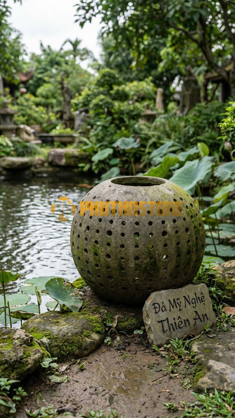 Đèn Đá Trắng Muối Quả Cầurỗng Khoan Nhiều Lỗ Tròn Nhỏ Khắp Bề Mặt Như Bầu Trời Sao D40Cm