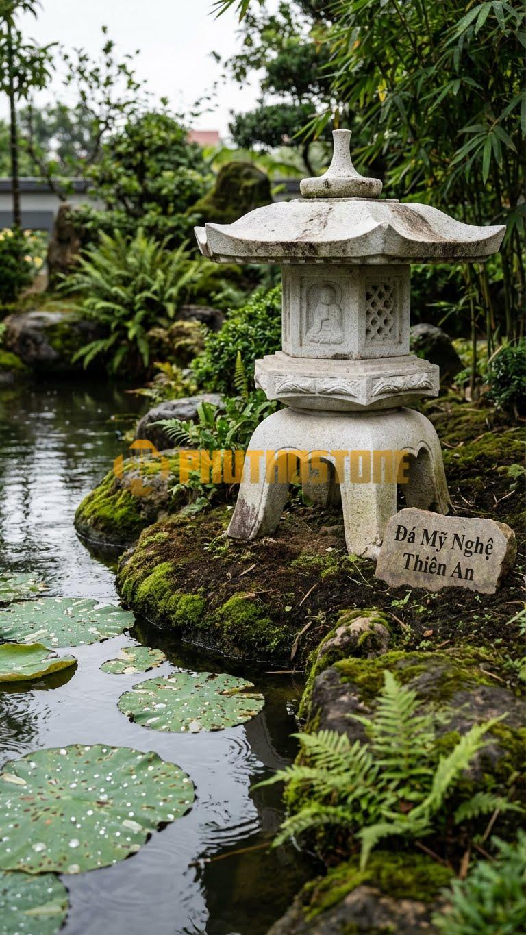 Đèn Đá Trắng Muối Trụ Oribe Chân Vuông Phình To Chạm Phù Điêu Phật (Jizo), Không Đế Dưới Cùng Cao 1M