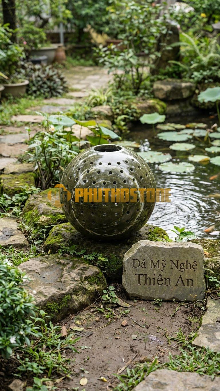 Đèn Đá Vân Mây Quả Cầugranite Tròn Trơn Mài Bóng Loáng, Phản Chiếu Cảnh Vật D30Cm