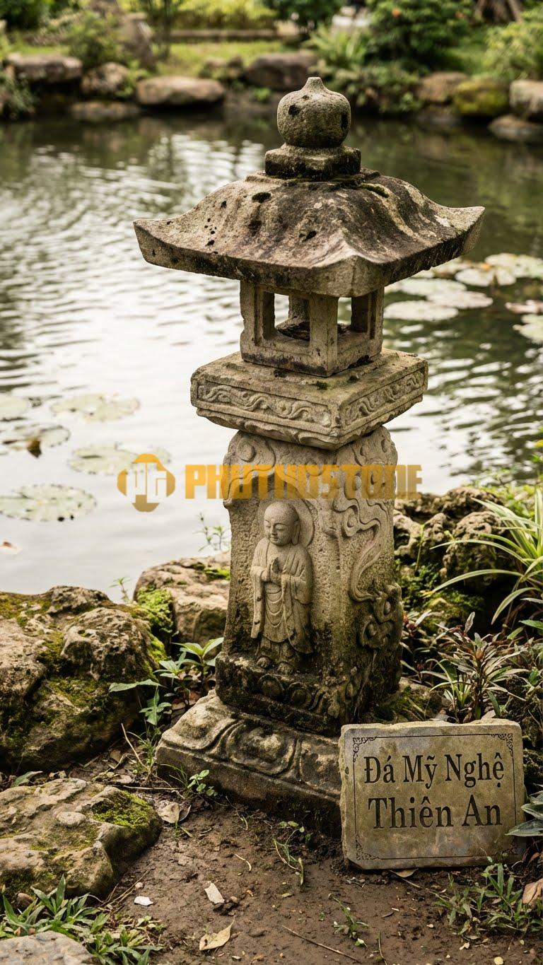 Đèn Đá Vân Mây Trụ Oribe Chân Vuông Phình To Chạm Phù Điêu Phật (Jizo), Không Đế Dưới Cùng Cao 1M