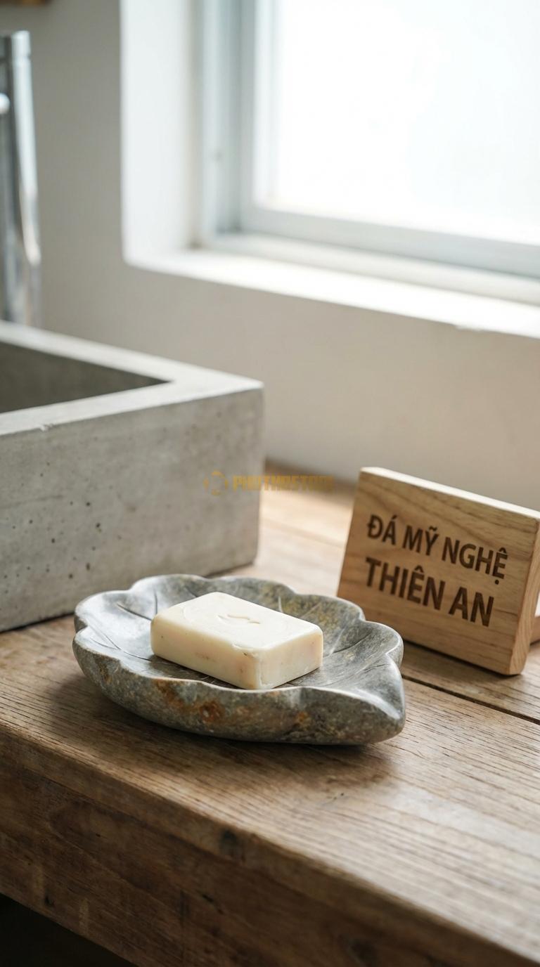 Đĩa Để Đá Cuội Xà Phòng Hình Lá Sen Tạo Hình Lá Sen Trũng, Có Cuống Lá Cách Điệu 15cm x 12cm x 2cm