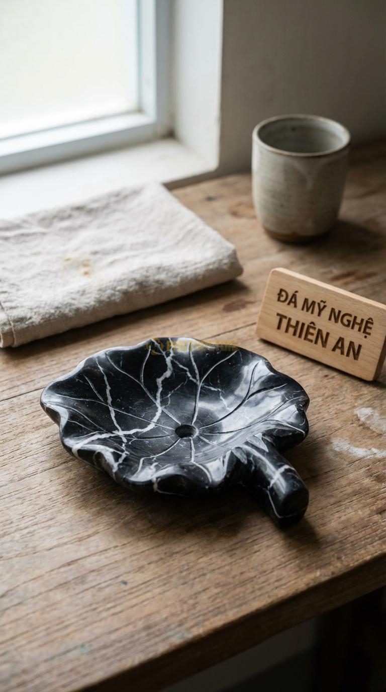 Đĩa Để Đá Đen Tia Chớp Xà Phòng Hình Lá Sen Tạo Hình Lá Sen Trũng, Có Cuống Lá Cách Điệu 15cm x 12cm x 2cm