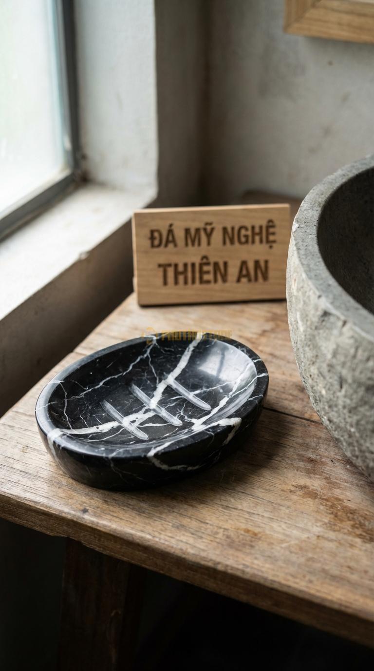 Đĩa Để Đá Đen Tia Chớp Xà Phòng Hình Oval Có 3 Rãnh Thoát Nước Ở Giữa Lòng Đĩa 13cm x 9cm x 2.5cm