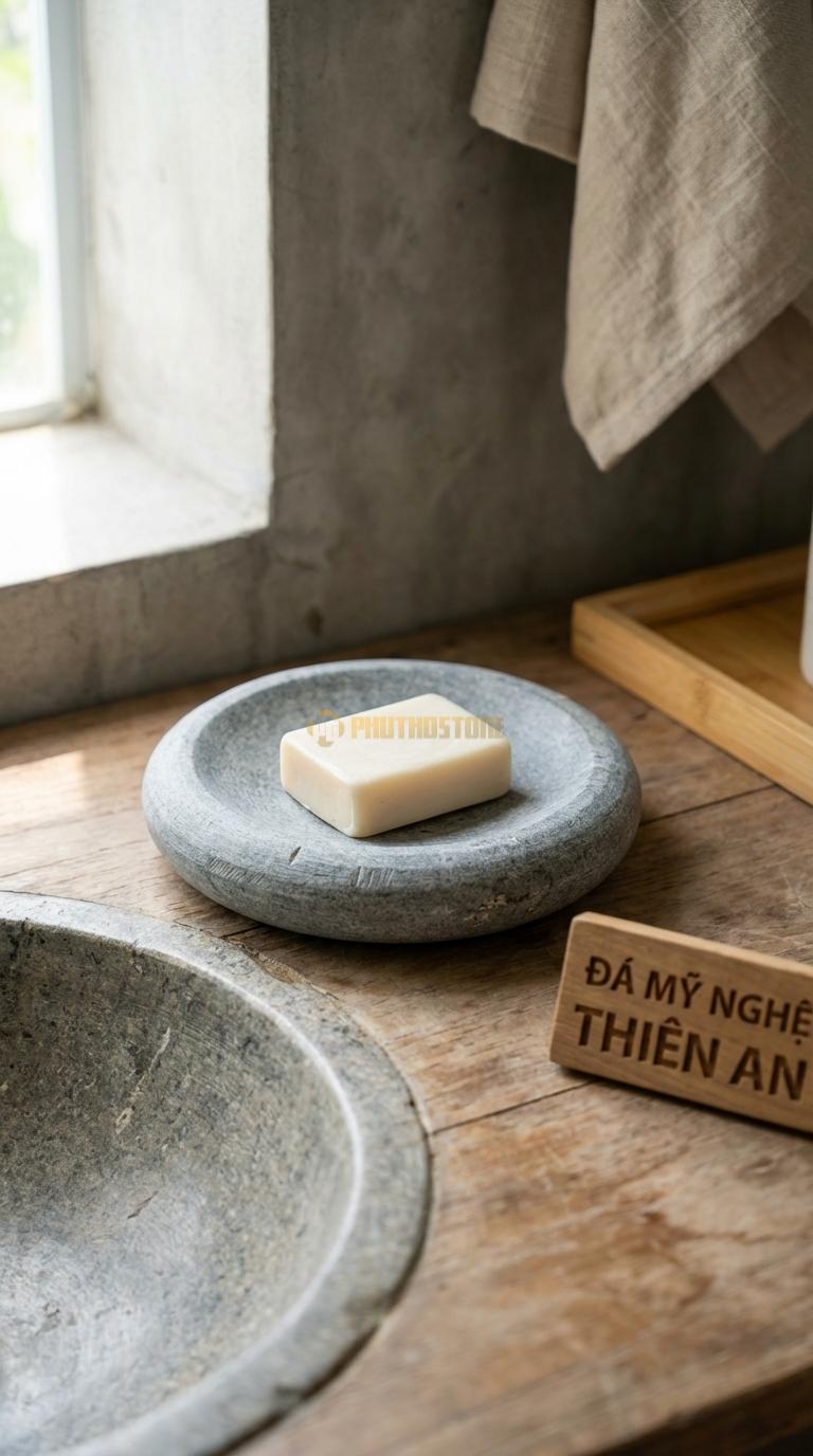 Đĩa Để Đá Granite Xà Phòng Tròn Zen Dáng Như Một Chiếc Bát Dẹt Cực Tối Giản Đường Kính 12cm x H2.5cm