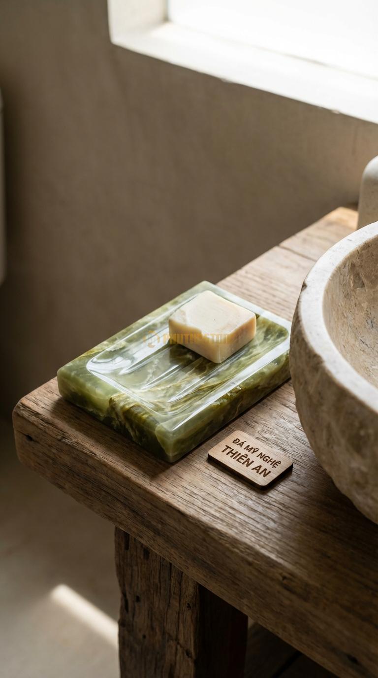 Đĩa Để Đá Serpentine Xà Phòng Hình Chữ Nhật Mài Vát 4 Cạnh, Lòng Phẳng Soi Rãnh Chéo 12cm x 8cm x 2cm