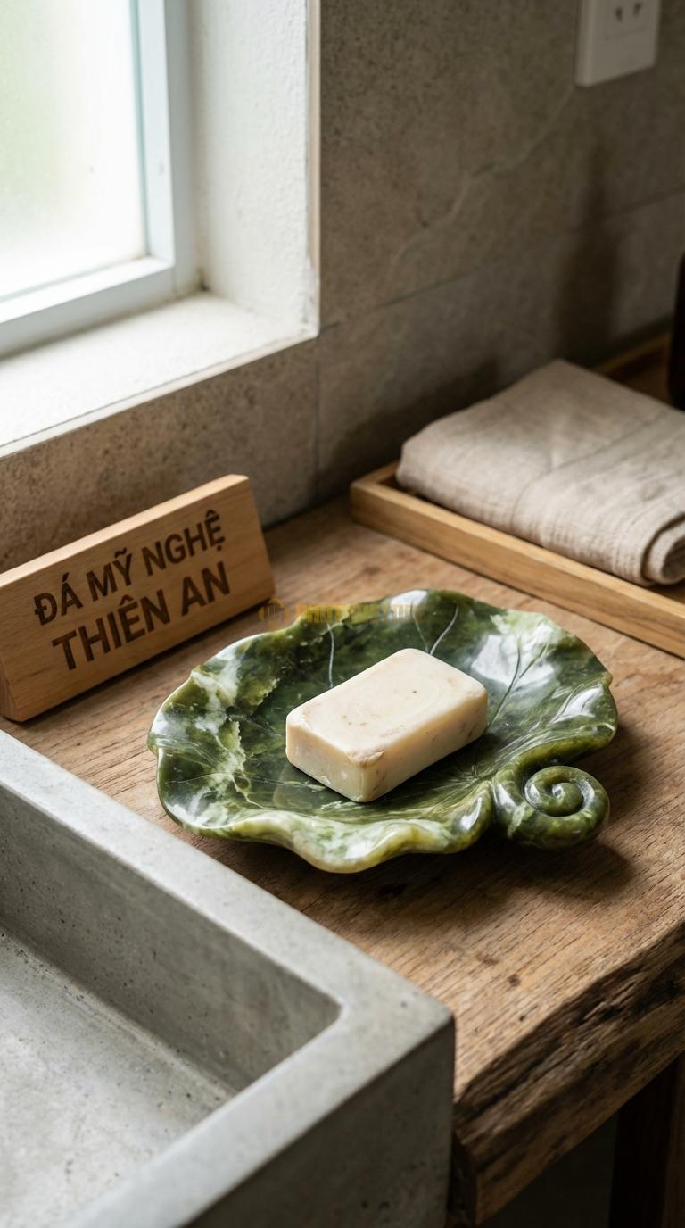 Đĩa Để Đá Serpentine Xà Phòng Hình Lá Sen Tạo Hình Lá Sen Trũng, Có Cuống Lá Cách Điệu 15cm x 12cm x 2cm