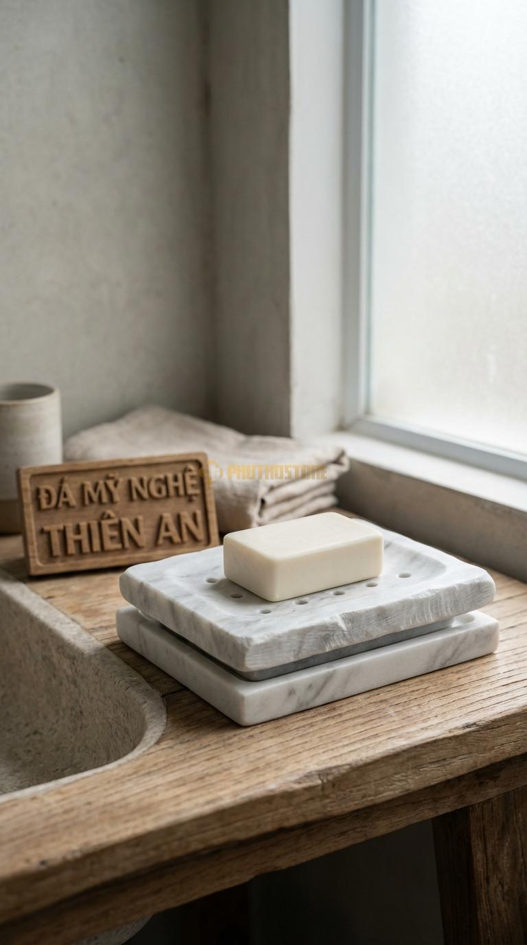 Đĩa Để Đá Trắng Xanh Xà Phòng Hai Lớp Lớp Trên Đá Đục Lỗ, Lớp Dưới Khay Hứng Nước 13cm x 10cm x 4cm