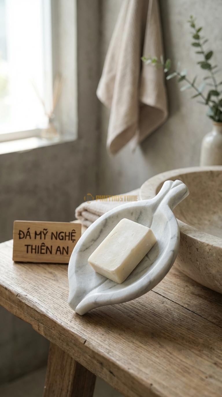 Đĩa Để Đá Trắng Xanh Xà Phòng Hình Lá Sen Tạo Hình Lá Sen Trũng, Có Cuống Lá Cách Điệu 15cm x 12cm x 2cm