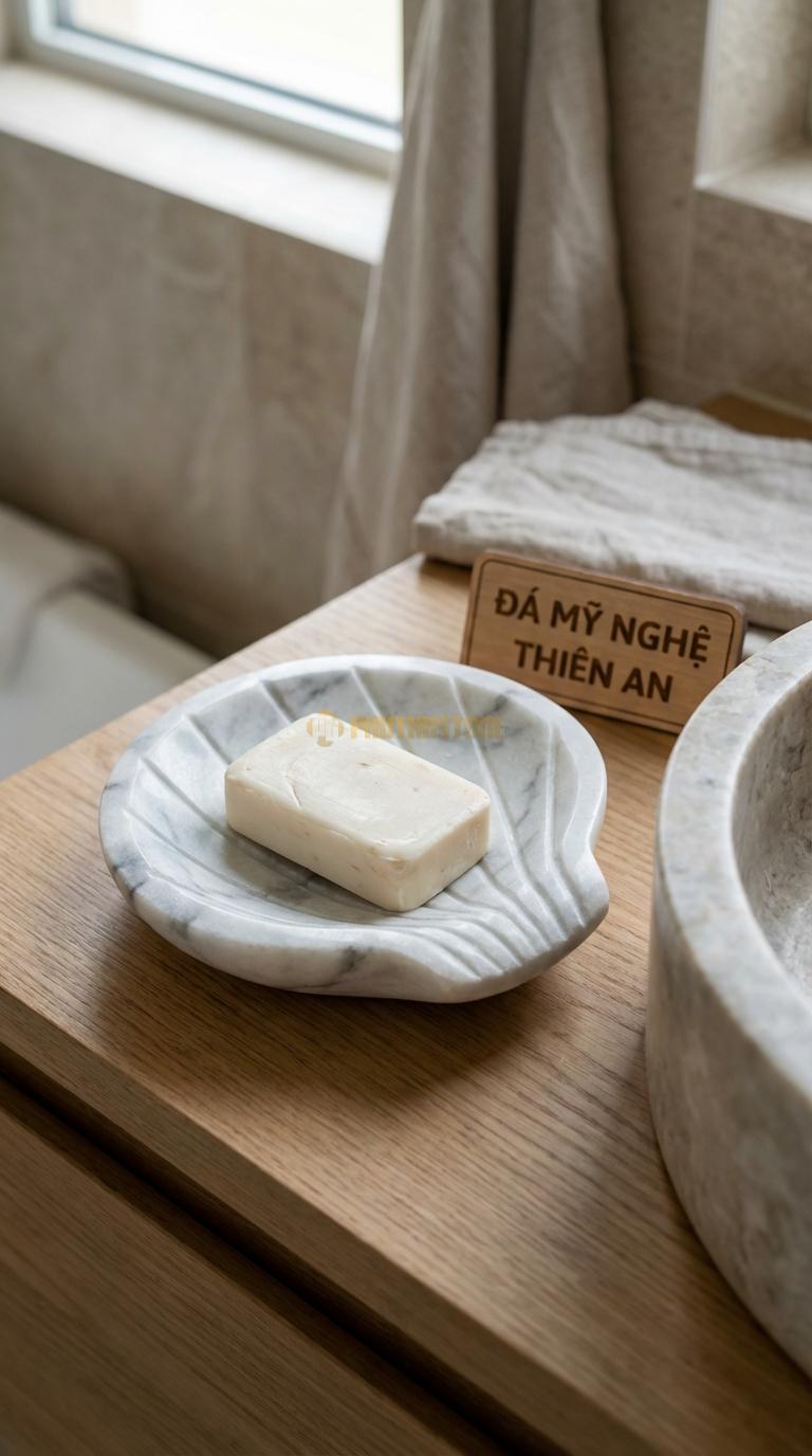 Đĩa Để Đá Trắng Xanh Xà Phòng Hình Vỏ Sò Chạm Khắc Các Đường Gân Vỏ Sò Tự Nhiên 14cm x 11cm x 3cm