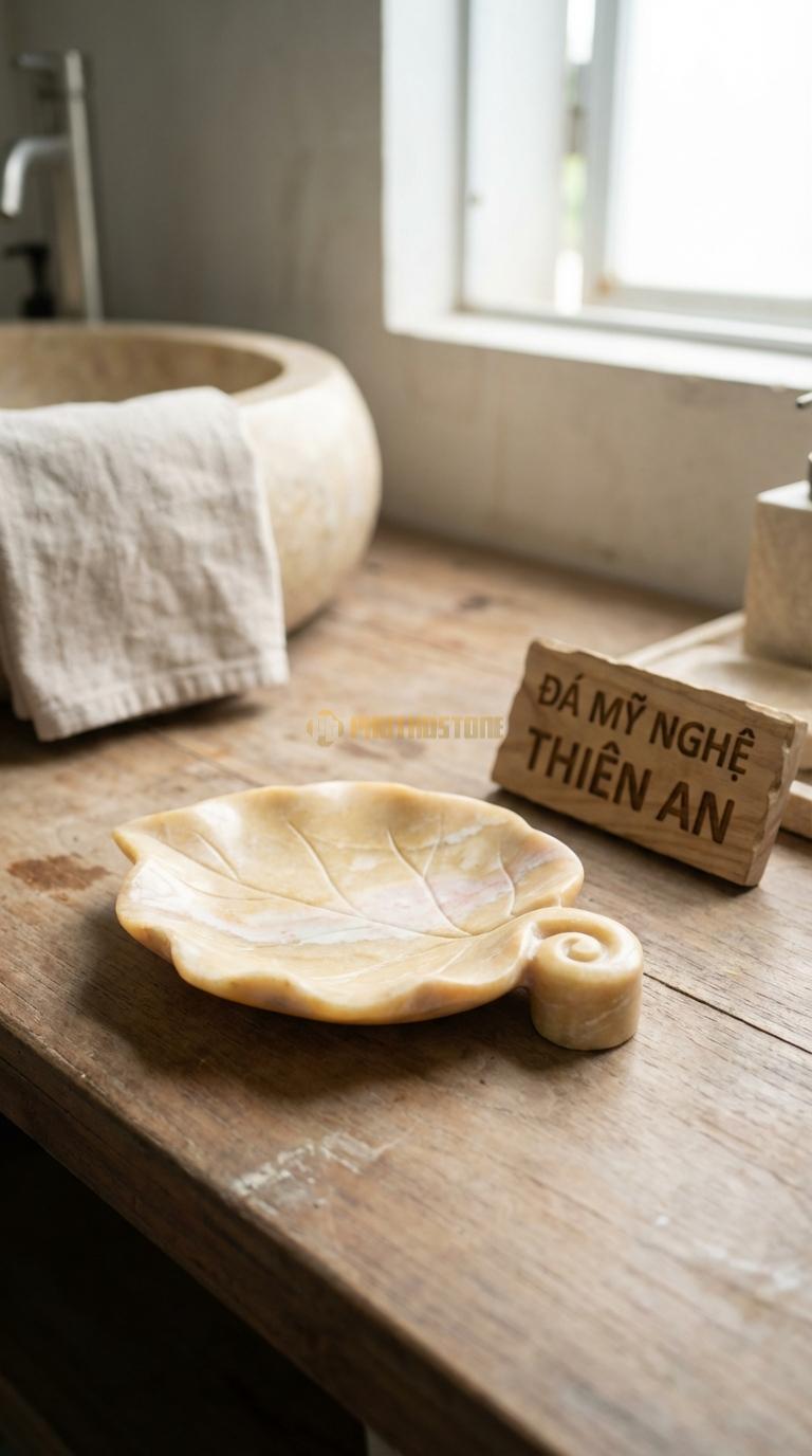 Đĩa Để Đá Vàng Nghệ An Xà Phòng Hình Lá Sen Tạo Hình Lá Sen Trũng, Có Cuống Lá Cách Điệu 15cm x 12cm x 2cm