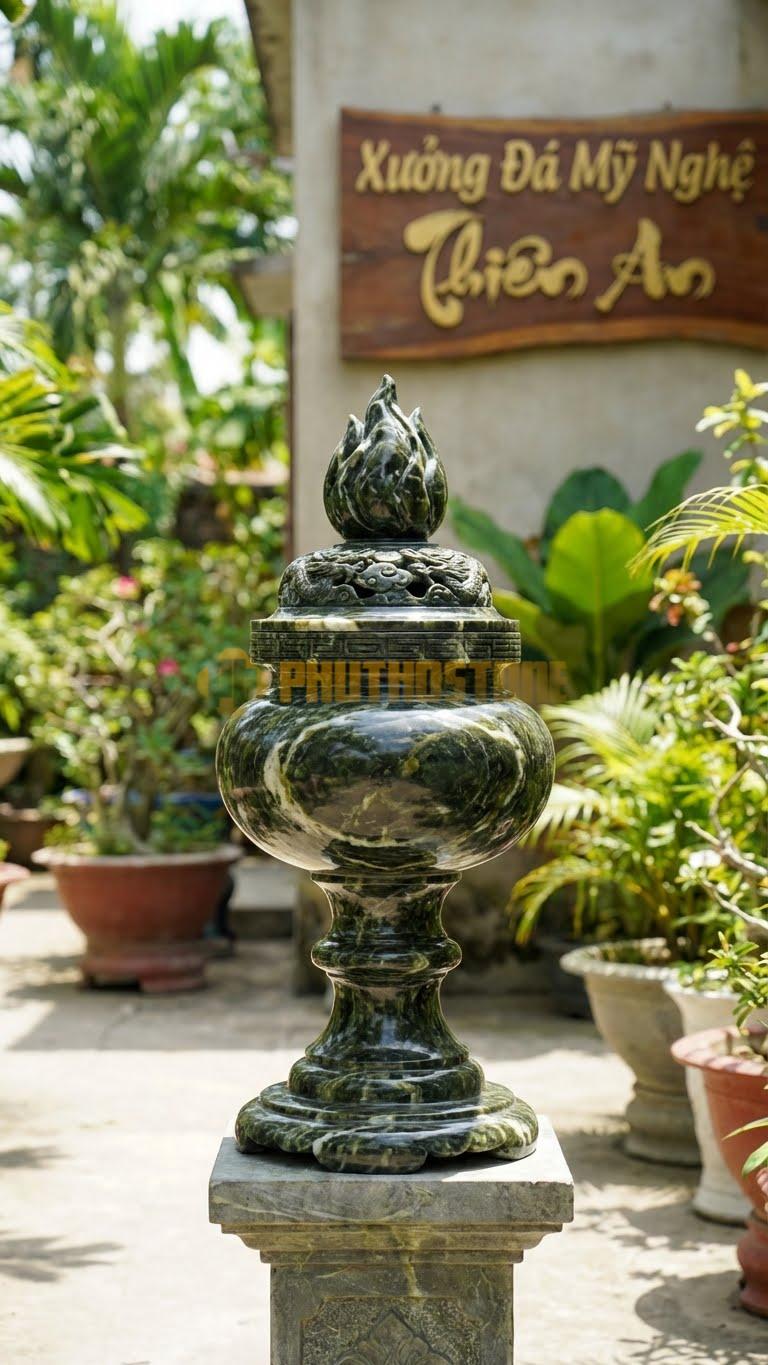 Đỉnh Đá Ngọn Đuốc Đá Serpentine: Nắp Đỉnh Tạo Hình Ngọn Lửa Thiêng 65 Cm