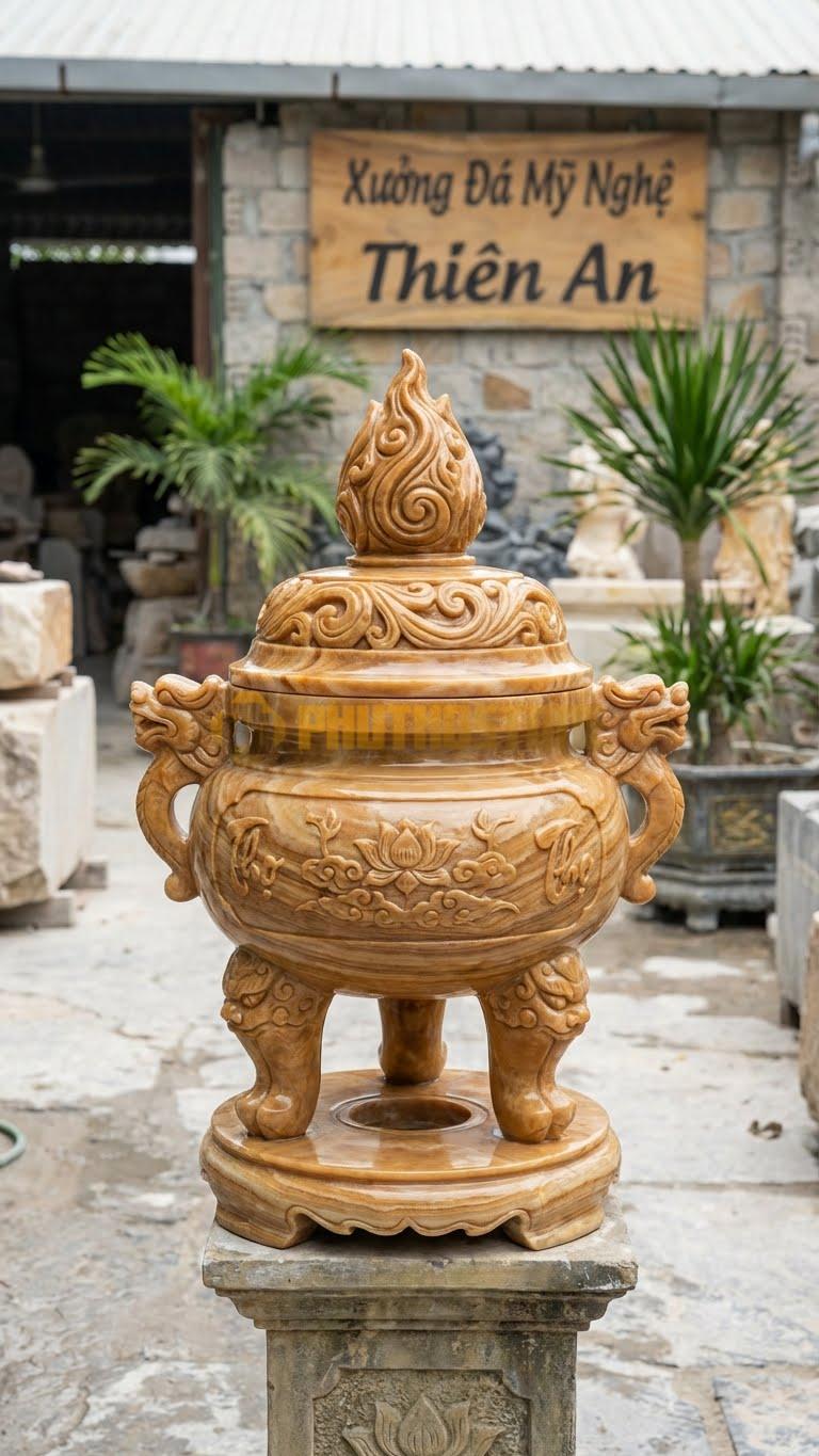 Đỉnh Đá Ngọn Đuốc Đá Vân Gỗ: Nắp Đỉnh Tạo Hình Ngọn Lửa Thiêng 65 Cm