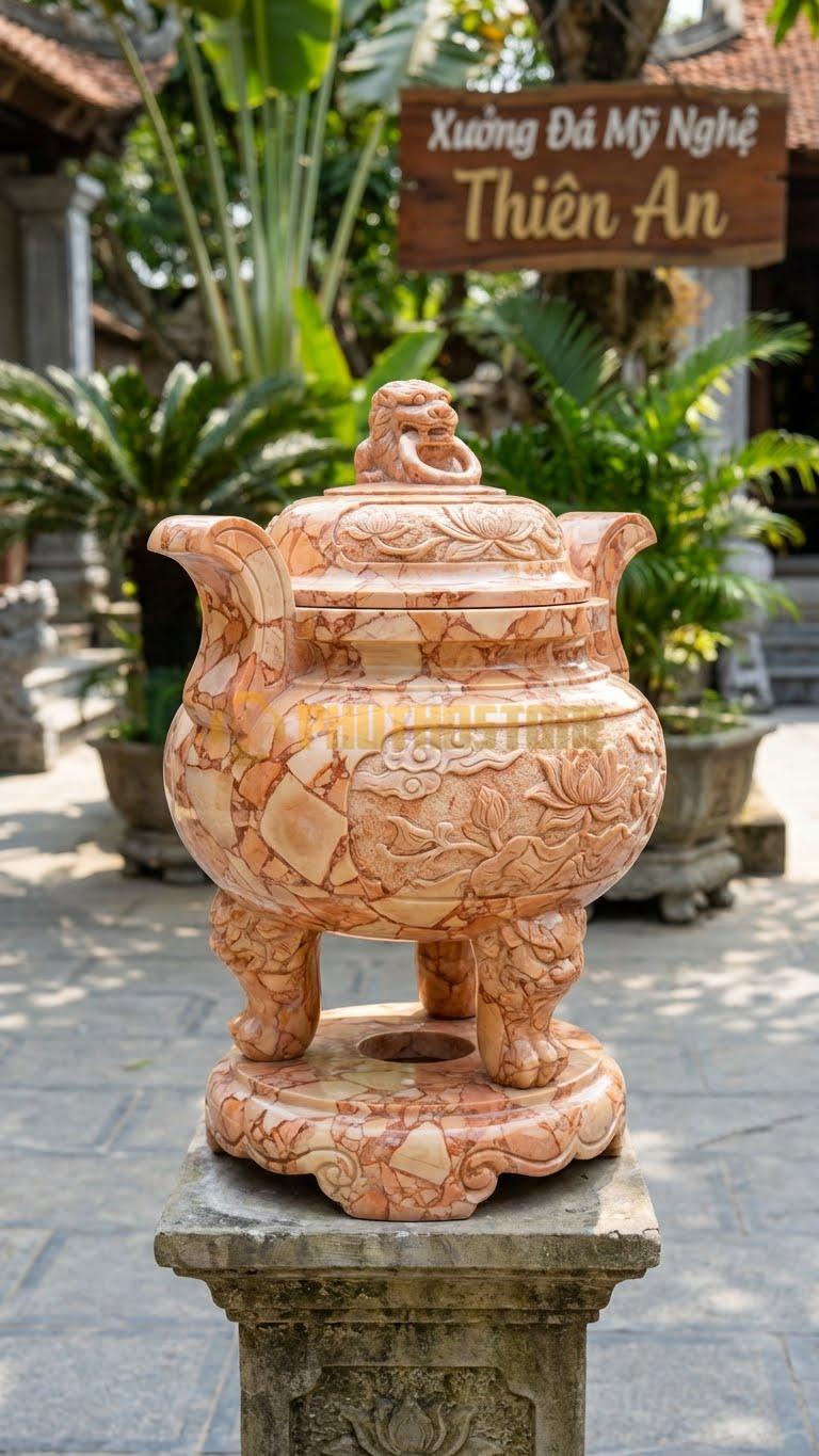Đỉnh Hương Mộ Có Nắp Nhỏ Đá Hồng: Dành Cho Lăng Mộ Lớn, Có Nắp Che Tàn Nhang Cao 45 Cm