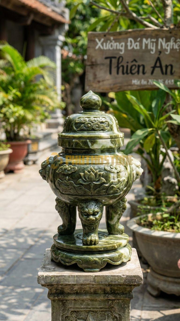 Đỉnh Hương Mộ Có Nắp Nhỏ Đá Serpentine: Dành Cho Lăng Mộ Lớn, Có Nắp Che Tàn Nhang Cao 45 Cm