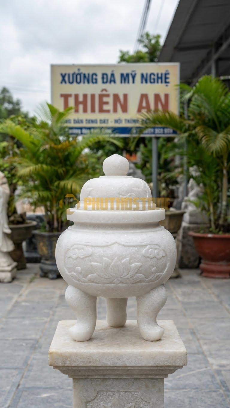 Đỉnh Hương Mộ Có Nắp Nhỏ Đá Trắng Muối: Dành Cho Lăng Mộ Lớn, Có Nắp Che Tàn Nhang Cao 45 Cm