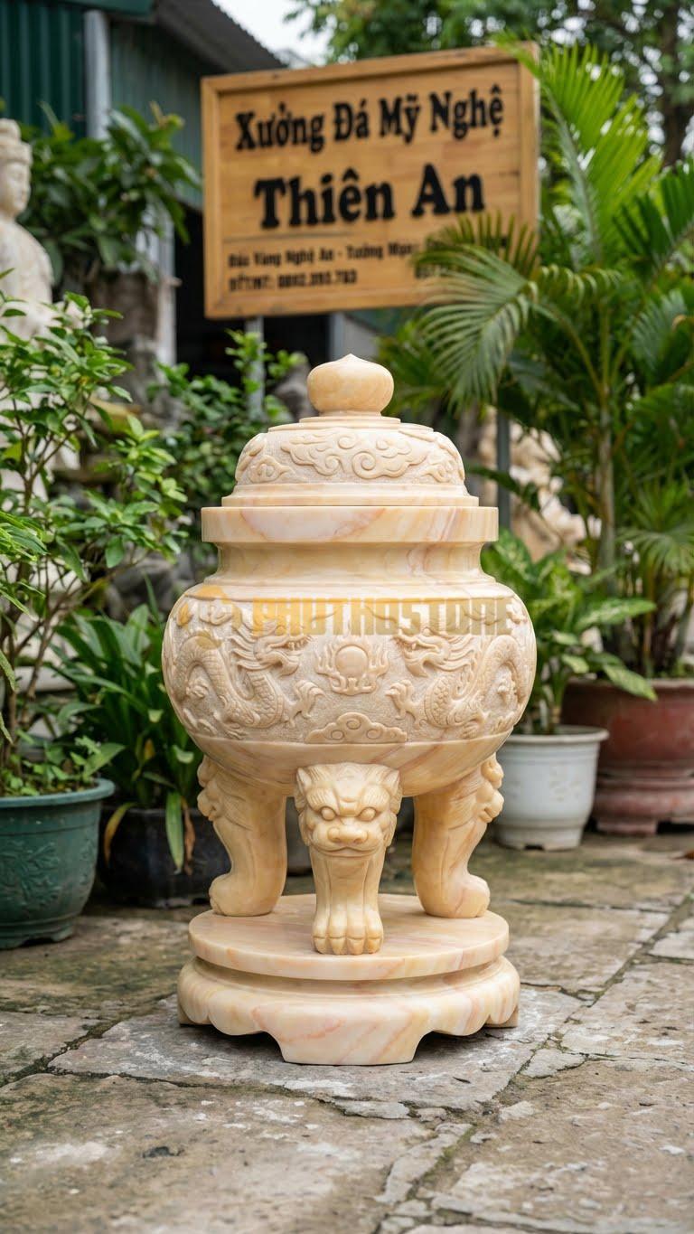 Đỉnh Hương Mộ Có Nắp Nhỏ Đá Vàng Nghệ An: Dành Cho Lăng Mộ Lớn, Có Nắp Che Tàn Nhang Cao 45 Cm