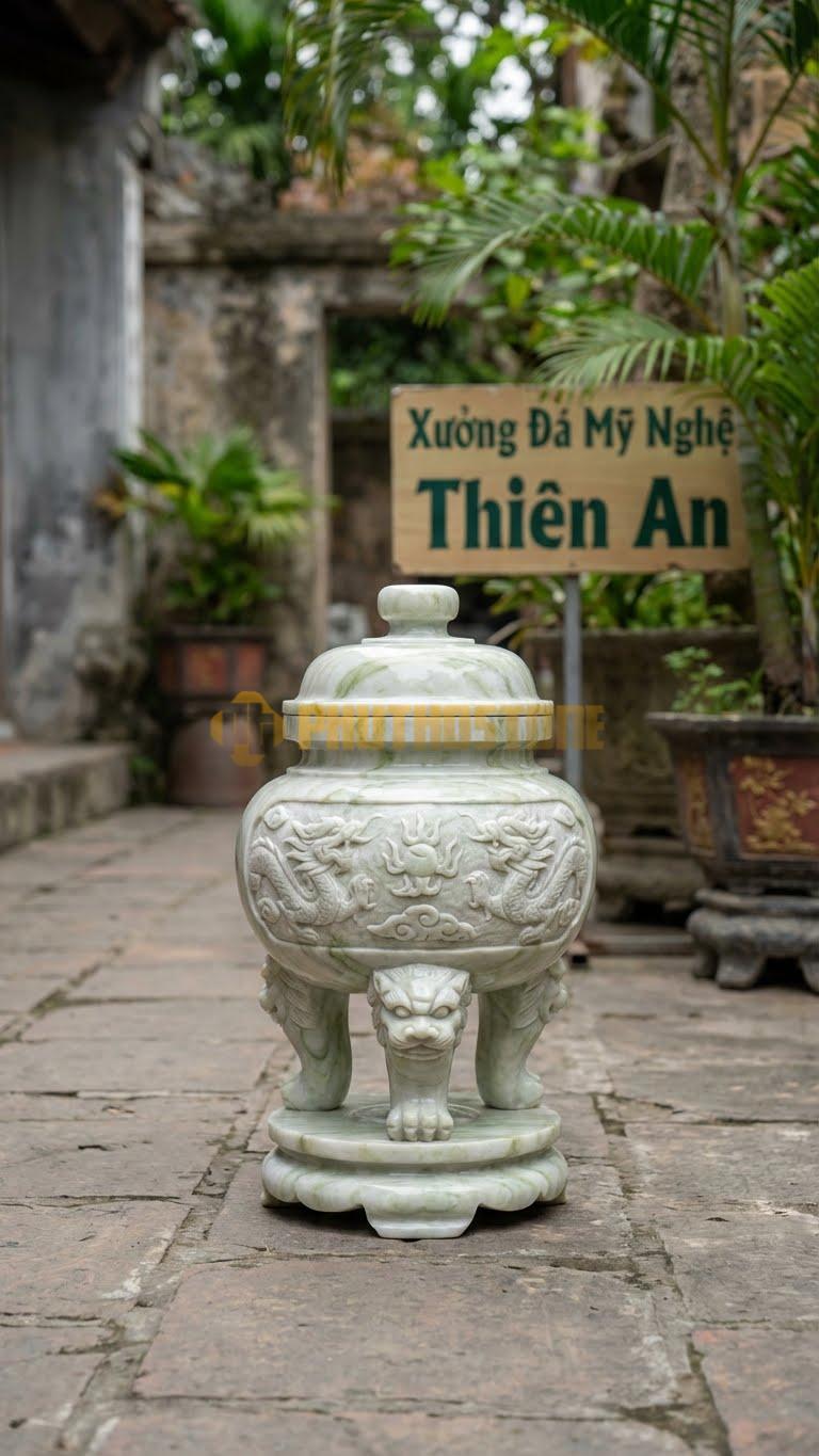 Đỉnh Hương Mộ Có Nắp Nhỏ Đá Xanh Ấn: Dành Cho Lăng Mộ Lớn, Có Nắp Che Tàn Nhang Cao 45 Cm