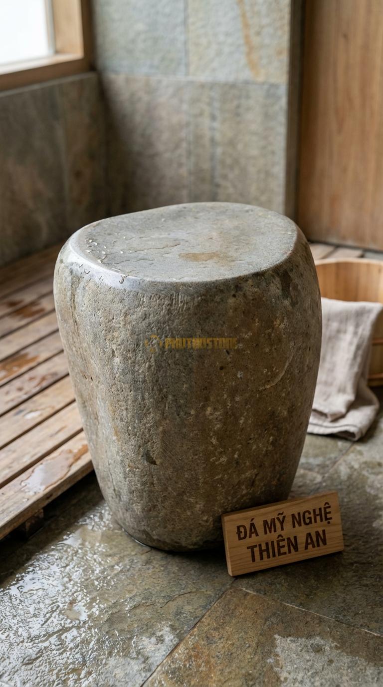 Đôn Đá Cuội Chạm Tùng Hạc Thân Đôn Chạm Tranh Phong Cảnh Tinh Xảo Đường Kính 32cm x H45cm