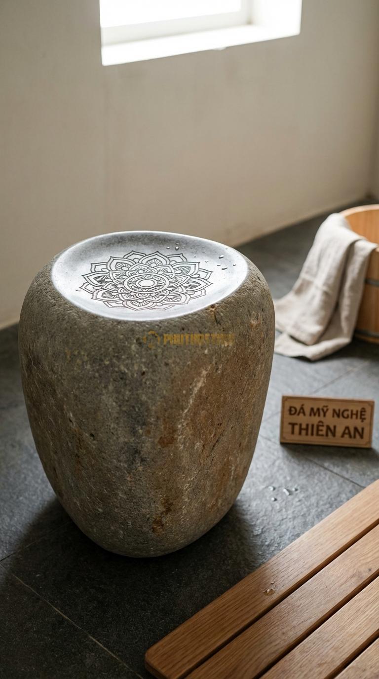Đôn Đá Cuội Đá Chạm Hoa Văn Mandala Mặt Đôn Chạm Khắc Vòng Tròn Mandala Nghệ Thuật Đường Kính 30cm x H42cm