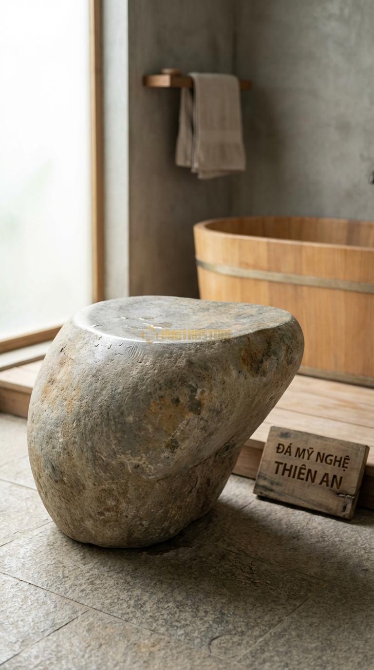 Đôn Đá Cuội Đá Cuội Đại Chế Tác Từ Viên Đá Cuội Khổng Lồ, Mặt Mài Phẳng Khoảng Đường Kính 40cm x H40cm