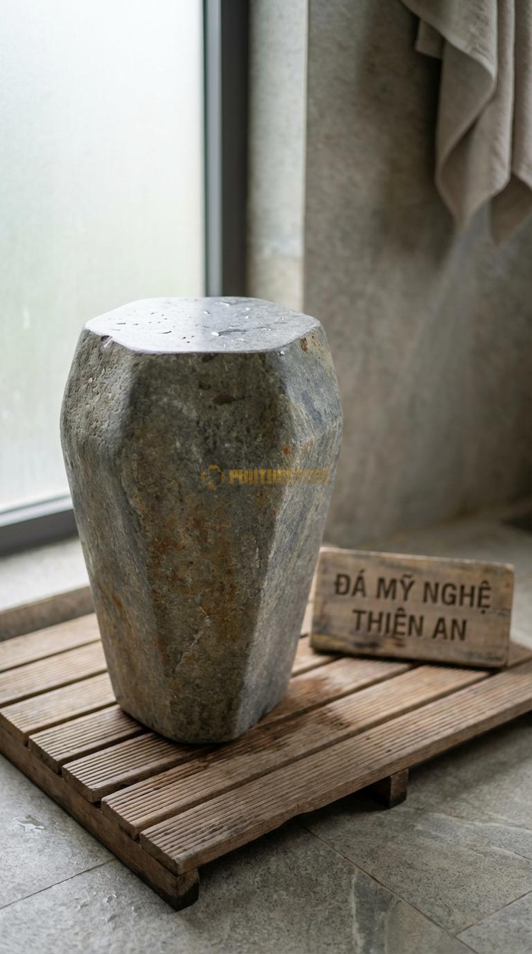 Đôn Đá Cuội Lục Giác Vát Cạnh Mặt Trên Lục Giác, Thân Vát Theo Hình Khối Cạnh 18cm x H45cm