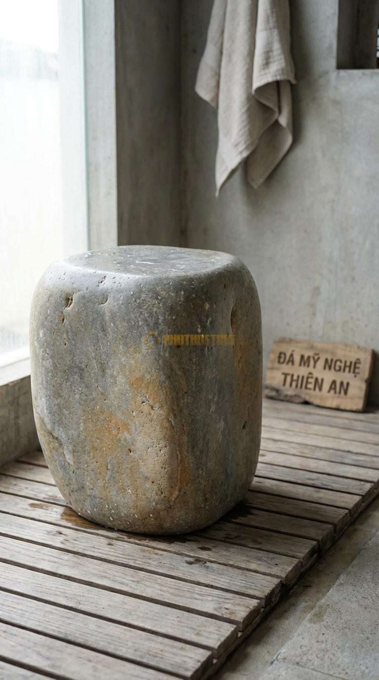 Đôn Đá Cuội Vuông Minimalist Hình Khối Lập Phương Trơn Mài Bóng Các Mặt 30cm x 30cm x H45cm