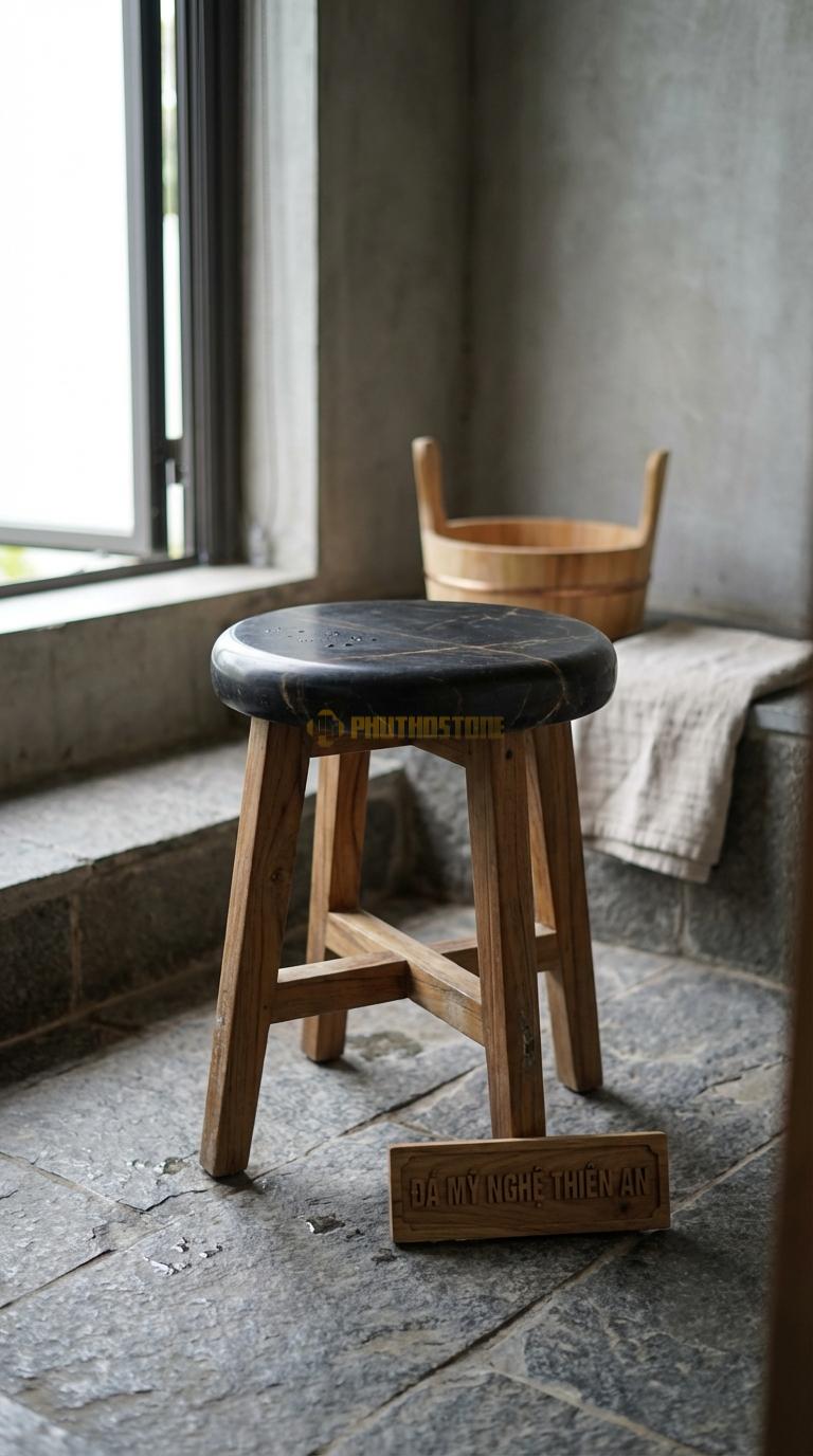 Đôn Đá Đen Chỉ Nâu Đá Kết Hợp Gỗ Teak Mặt Đá, Chân Bằng Gỗ Teak Kháng Nước Đường Kính 35cm x H45cm