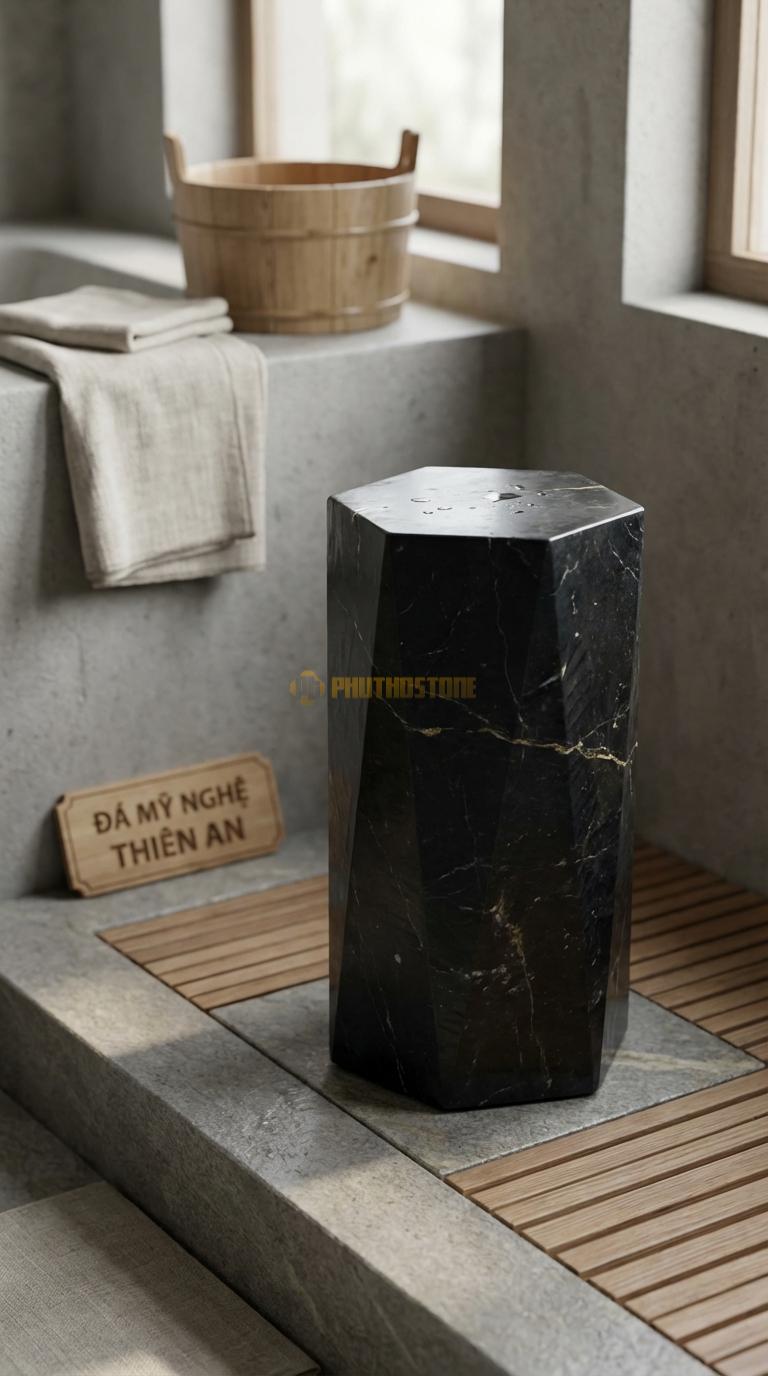 Đôn Đá Đen Chỉ Nâu Lục Giác Vát Cạnh Mặt Trên Lục Giác, Thân Vát Theo Hình Khối Cạnh 18cm x H45cm