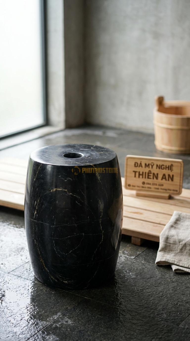 Đôn Đá Đen Chỉ Nâu Trống Truyền Thống Dáng Trống Đục Lỗ Tròn Ở Giữa Mặt Đường Kính 30cm x H42cm