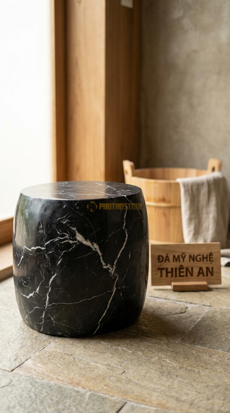 Đôn Đá Đen Tia Chớp Đá Cuội Đại Chế Tác Từ Viên Đá Cuội Khổng Lồ, Mặt Mài Phẳng Khoảng Đường Kính 40cm x H40cm