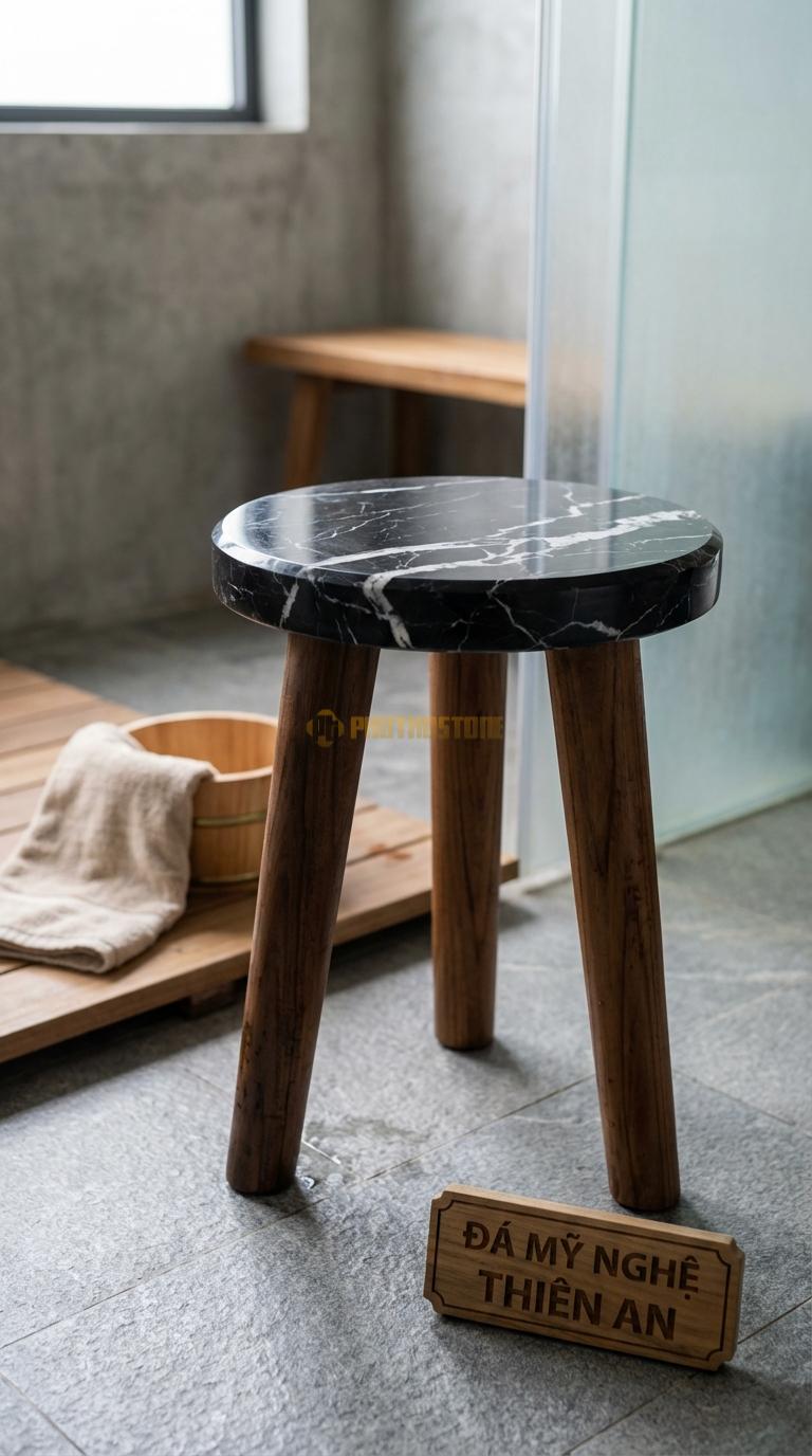 Đôn Đá Đen Tia Chớp Đá Kết Hợp Gỗ Teak Mặt Đá, Chân Bằng Gỗ Teak Kháng Nước Đường Kính 35cm x H45cm