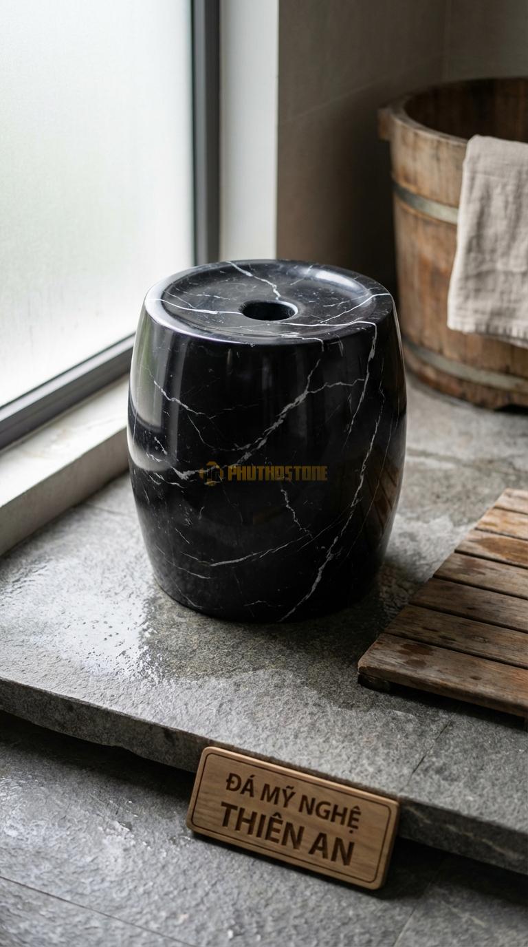 Đôn Đá Đen Tia Chớp Trống Truyền Thống Dáng Trống Đục Lỗ Tròn Ở Giữa Mặt Đường Kính 30cm x H42cm