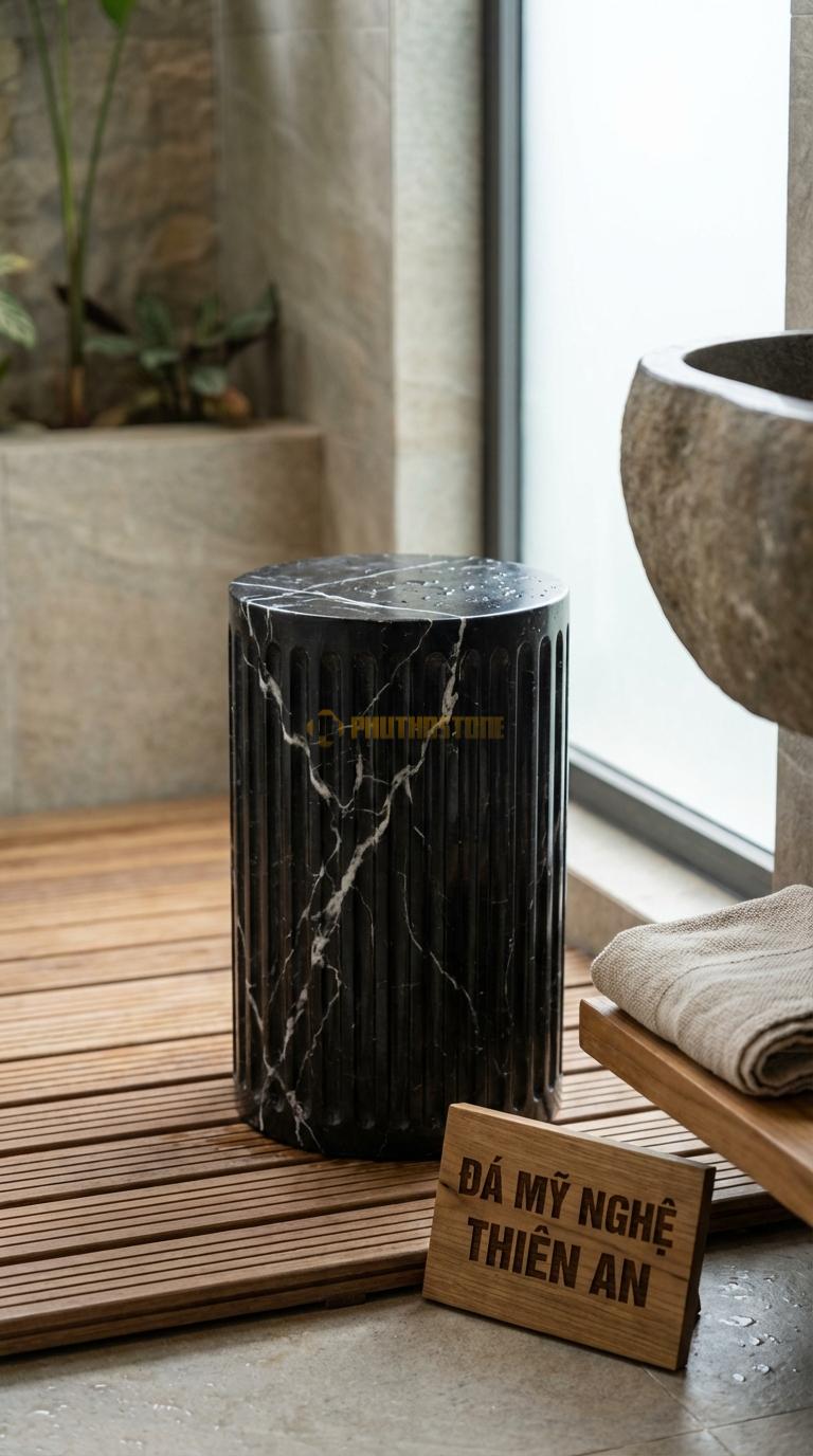 Đôn Đá Đen Tia Chớp Trụ Tròn Soi Rãnh Toàn Thân Soi Rãnh Dọc Kiểu Cột Hy Lạp Đường Kính 28cm x H44cm