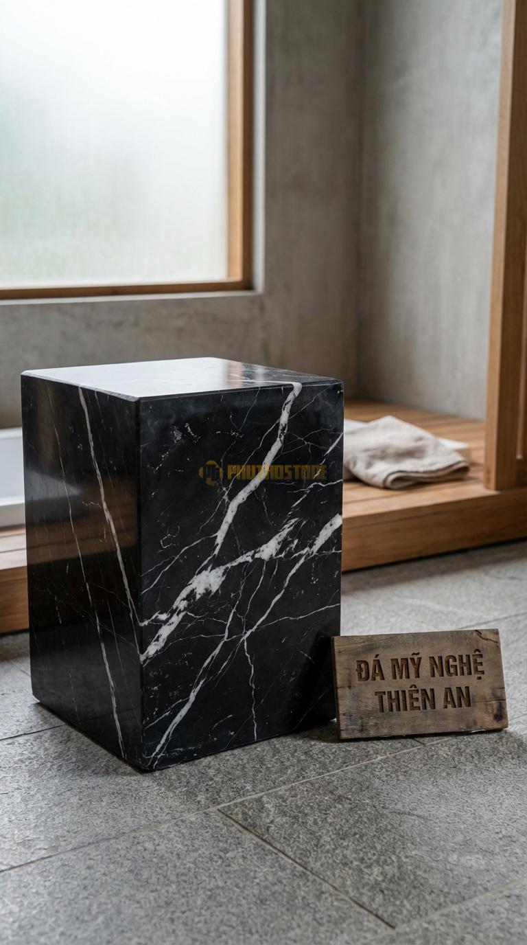 Đôn Đá Đen Tia Chớp Vuông Minimalist Hình Khối Lập Phương Trơn Mài Bóng Các Mặt 30cm x 30cm x H45cm