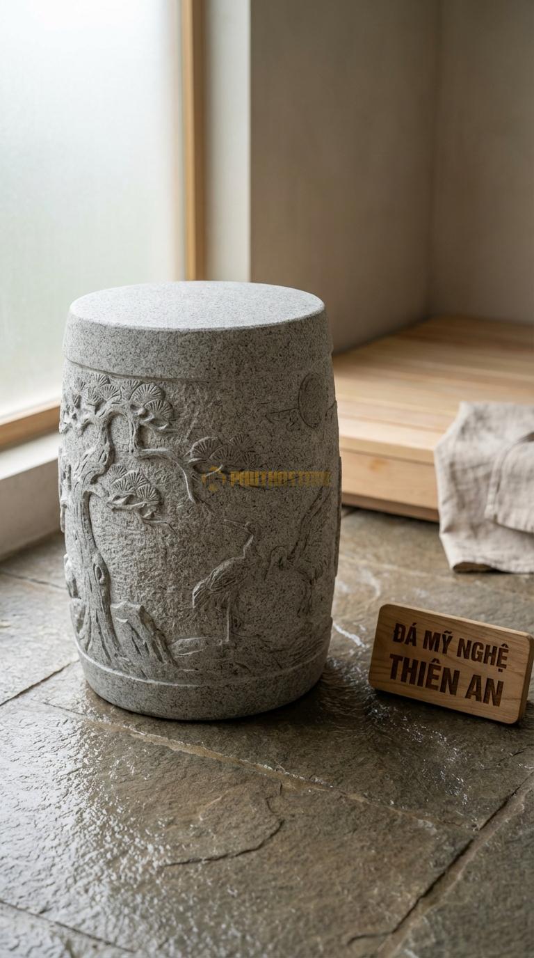 Đôn Đá Granite Chạm Tùng Hạc Thân Đôn Chạm Tranh Phong Cảnh Tinh Xảo Đường Kính 32cm x H45cm