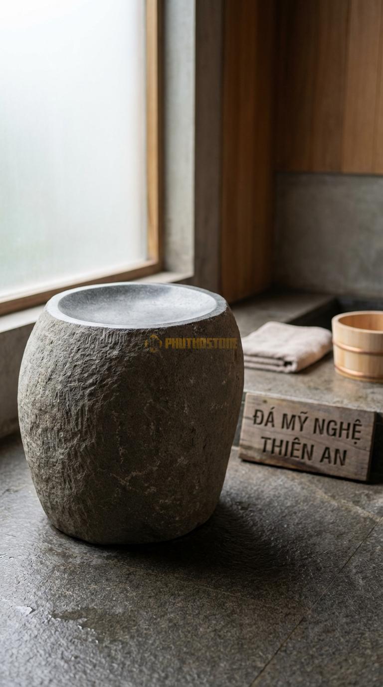 Đôn Đá Granite Đá Cuội Đại Chế Tác Từ Viên Đá Cuội Khổng Lồ, Mặt Mài Phẳng Khoảng Đường Kính 40cm x H40cm