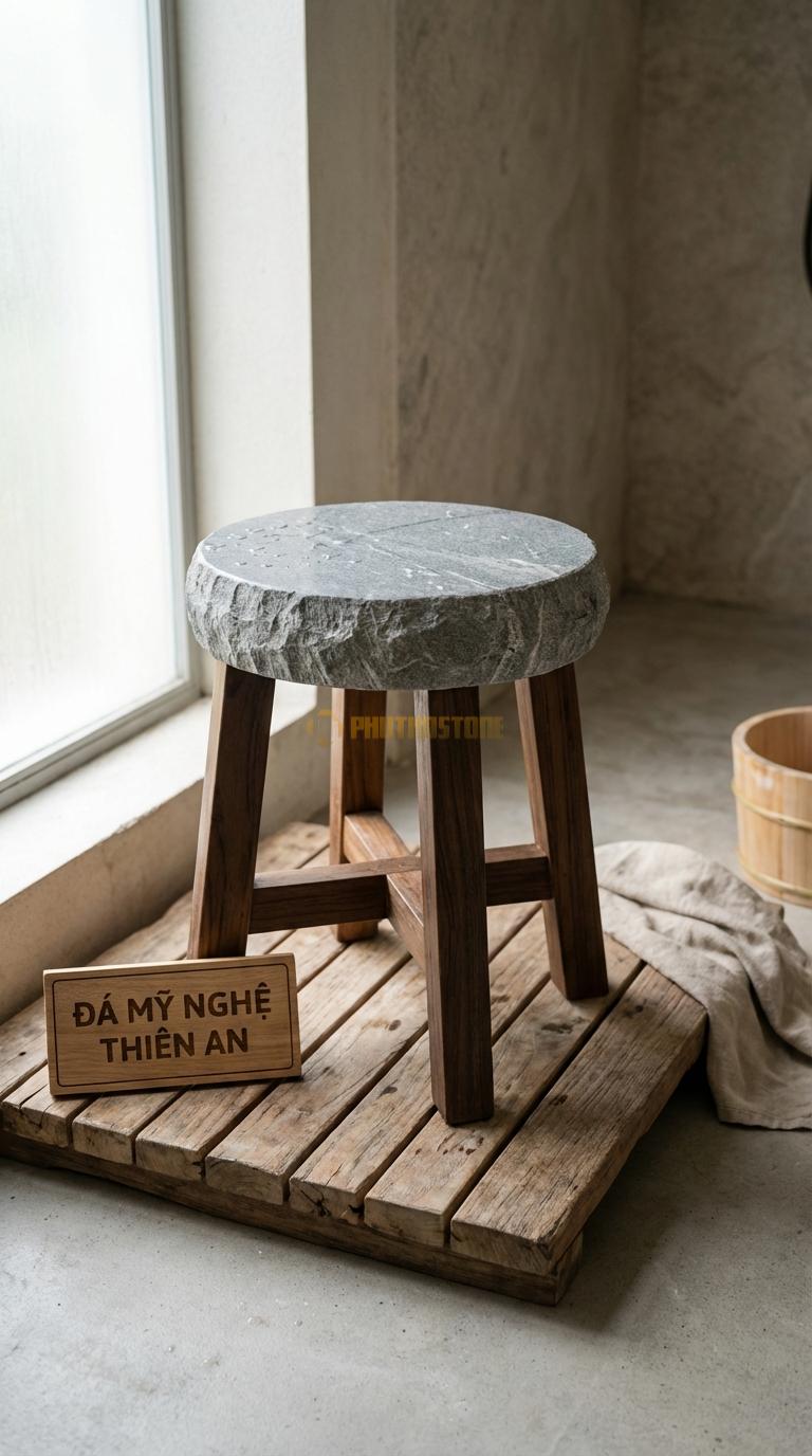 Đôn Đá Granite Đá Kết Hợp Gỗ Teak Mặt Đá, Chân Bằng Gỗ Teak Kháng Nước Đường Kính 35cm x H45cm