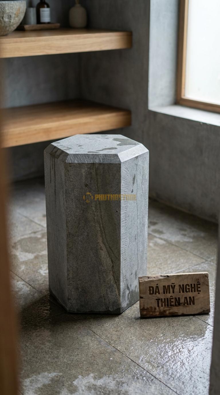 Đôn Đá Granite Lục Giác Vát Cạnh Mặt Trên Lục Giác, Thân Vát Theo Hình Khối Cạnh 18cm x H45cm