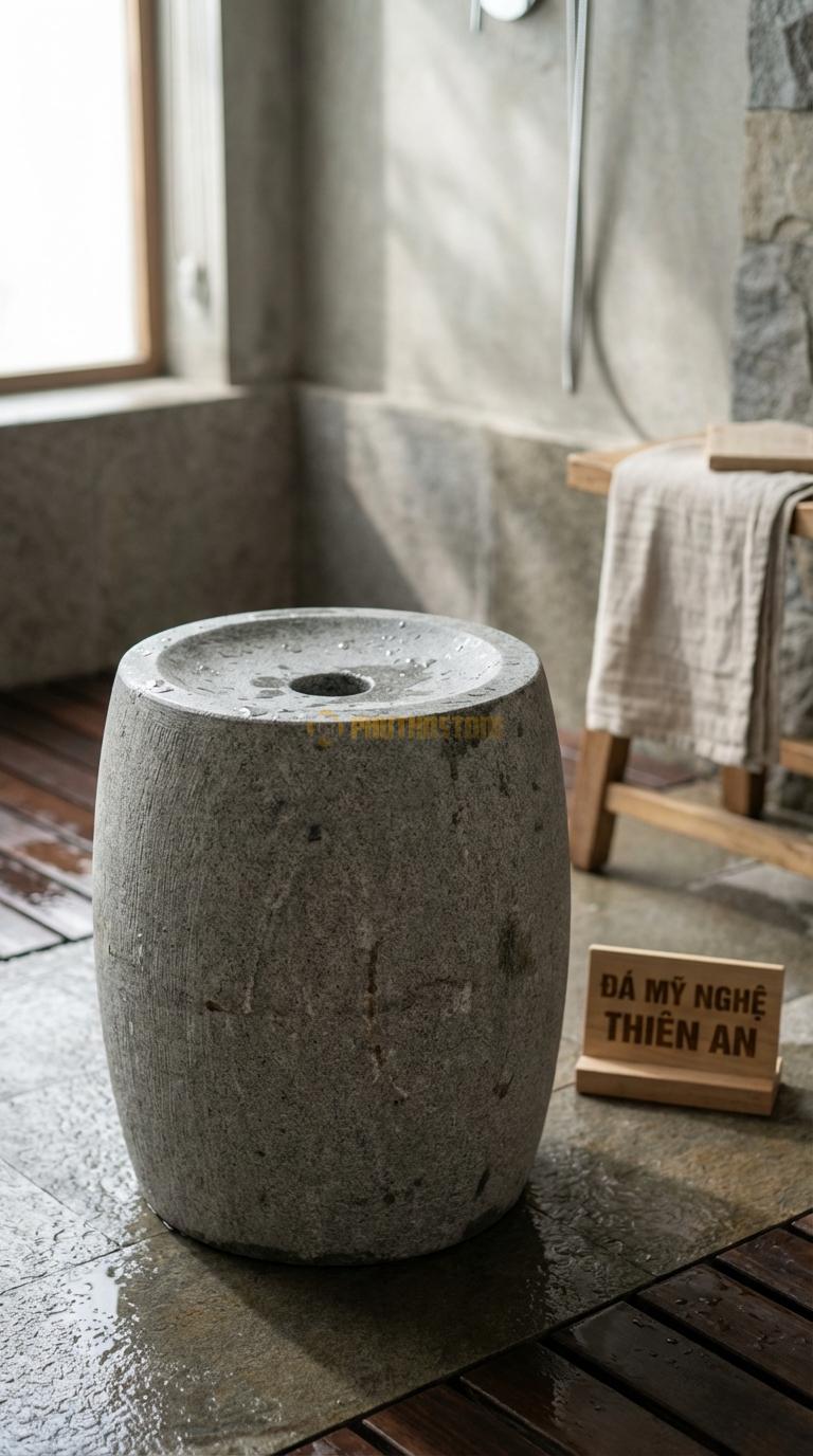 Đôn Đá Granite Trống Truyền Thống Dáng Trống Đục Lỗ Tròn Ở Giữa Mặt Đường Kính 30cm x H42cm