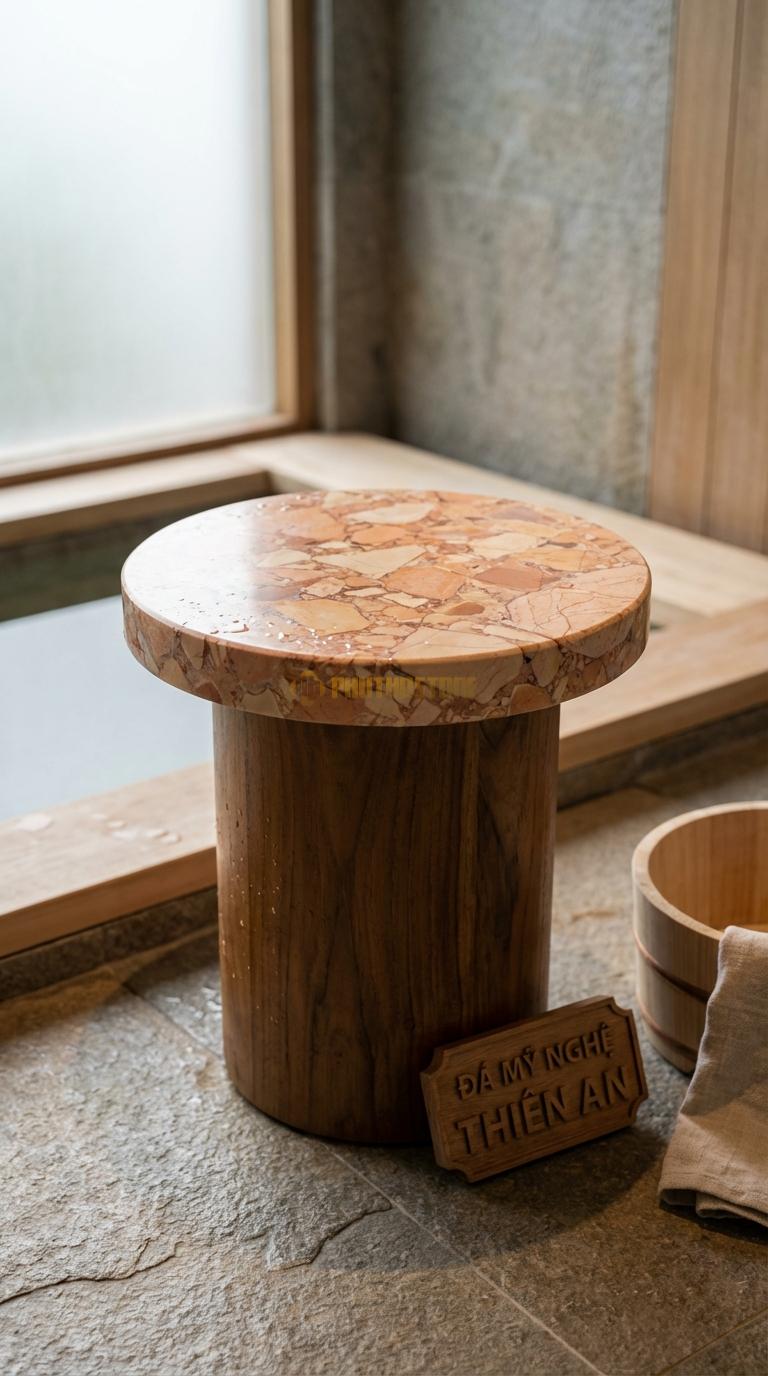 Đôn Đá Hồng Đá Kết Hợp Gỗ Teak Mặt Đá, Chân Bằng Gỗ Teak Kháng Nước Đường Kính 35cm x H45cm
