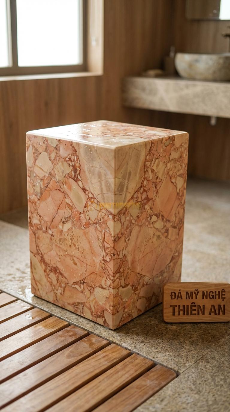 Đôn Đá Hồng Vuông Minimalist Hình Khối Lập Phương Trơn Mài Bóng Các Mặt 30cm x 30cm x H45cm