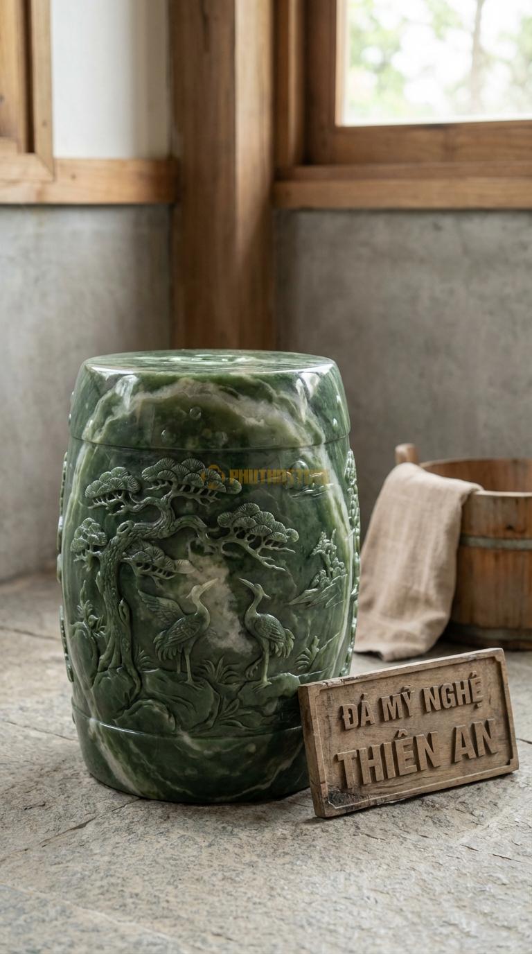 Đôn Đá Serpentine Chạm Tùng Hạc Thân Đôn Chạm Tranh Phong Cảnh Tinh Xảo Đường Kính 32cm x H45cm