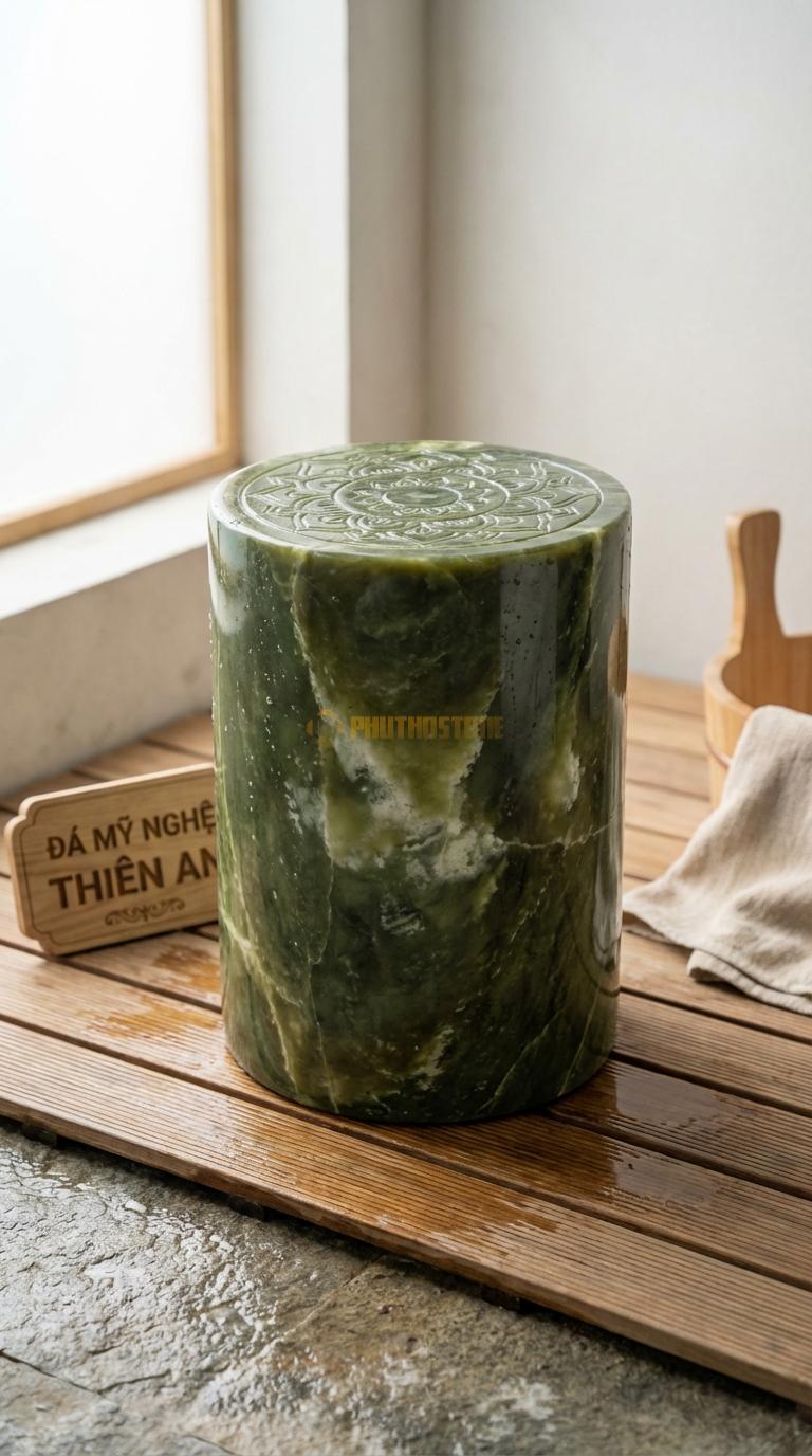 Đôn Đá Serpentine Đá Chạm Hoa Văn Mandala Mặt Đôn Chạm Khắc Vòng Tròn Mandala Nghệ Thuật Đường Kính 30cm x H42cm